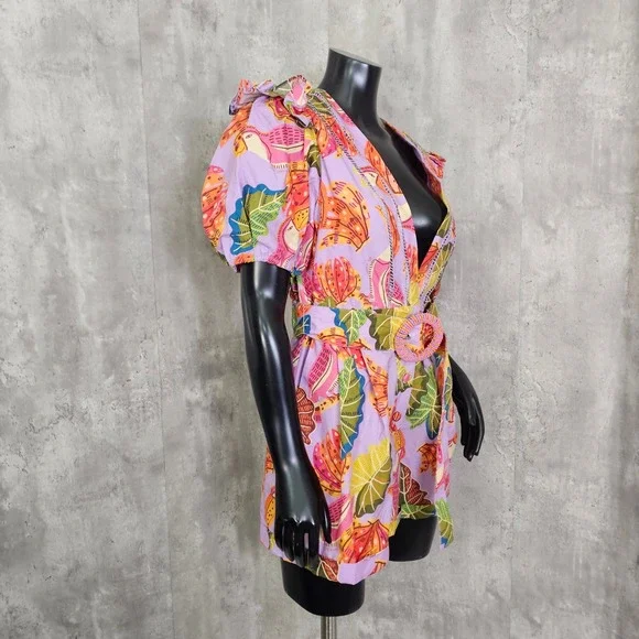 FARM Rio Lilac Beaks & Bananas Romper Puff Sleeve Belted M NWT - Picture 7 of 13